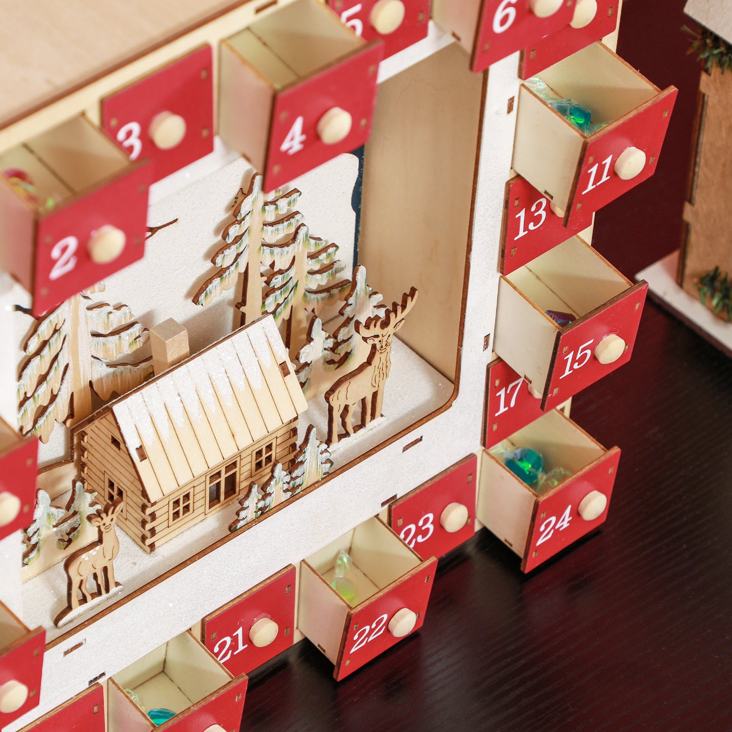 HOMCOM Wooden Christmas Advent Calendar, Lighted 24 Days Xmas Calendar House, Christmas Table Decoration with Countdown Drawers, Bible Characters, Battery Operated, Natural