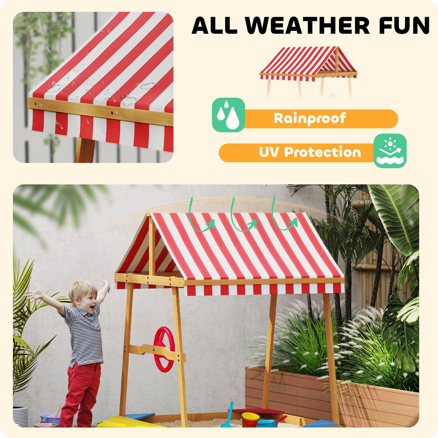 Qaba Wooden Kids Sandbox with Cover, 4 Seats, Rudder, Deck, Bottom Liner, 52" x 40" x 55.5", for Ages 3-8, Yellow