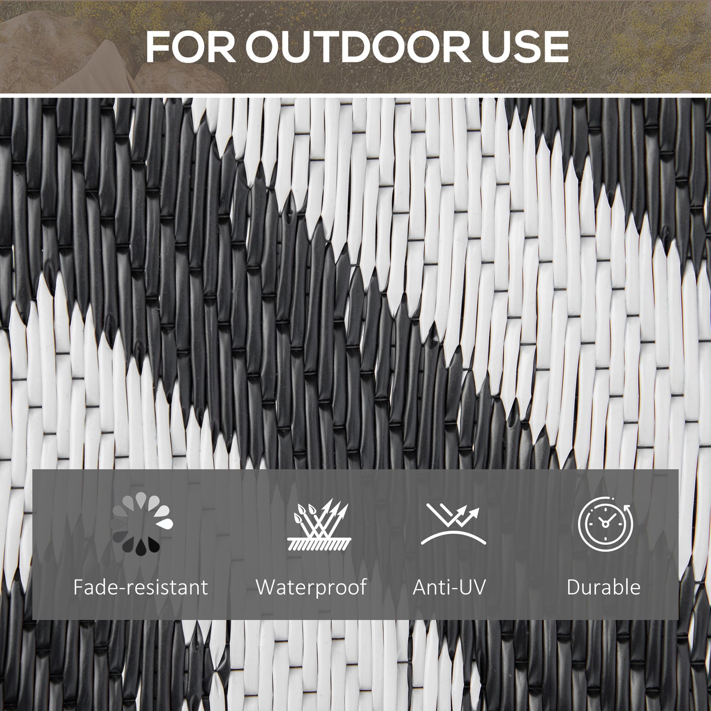 Outsunny Reversible Outdoor RV Rug, Patio Floor Mat, 5' x 8' Plastic Straw Rug for Backyard, Deck, Beach, Camping, Black & White