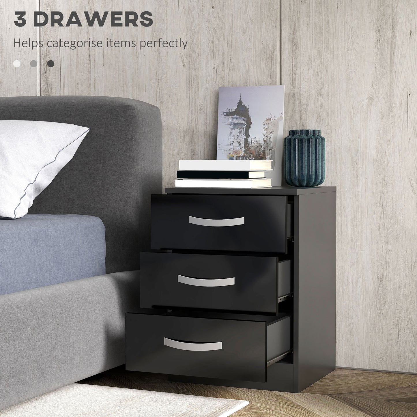 HOMCOM Modern Nightstand Set of 2, Bedside Tables with 3 High Gloss Drawers for Bedroom, White