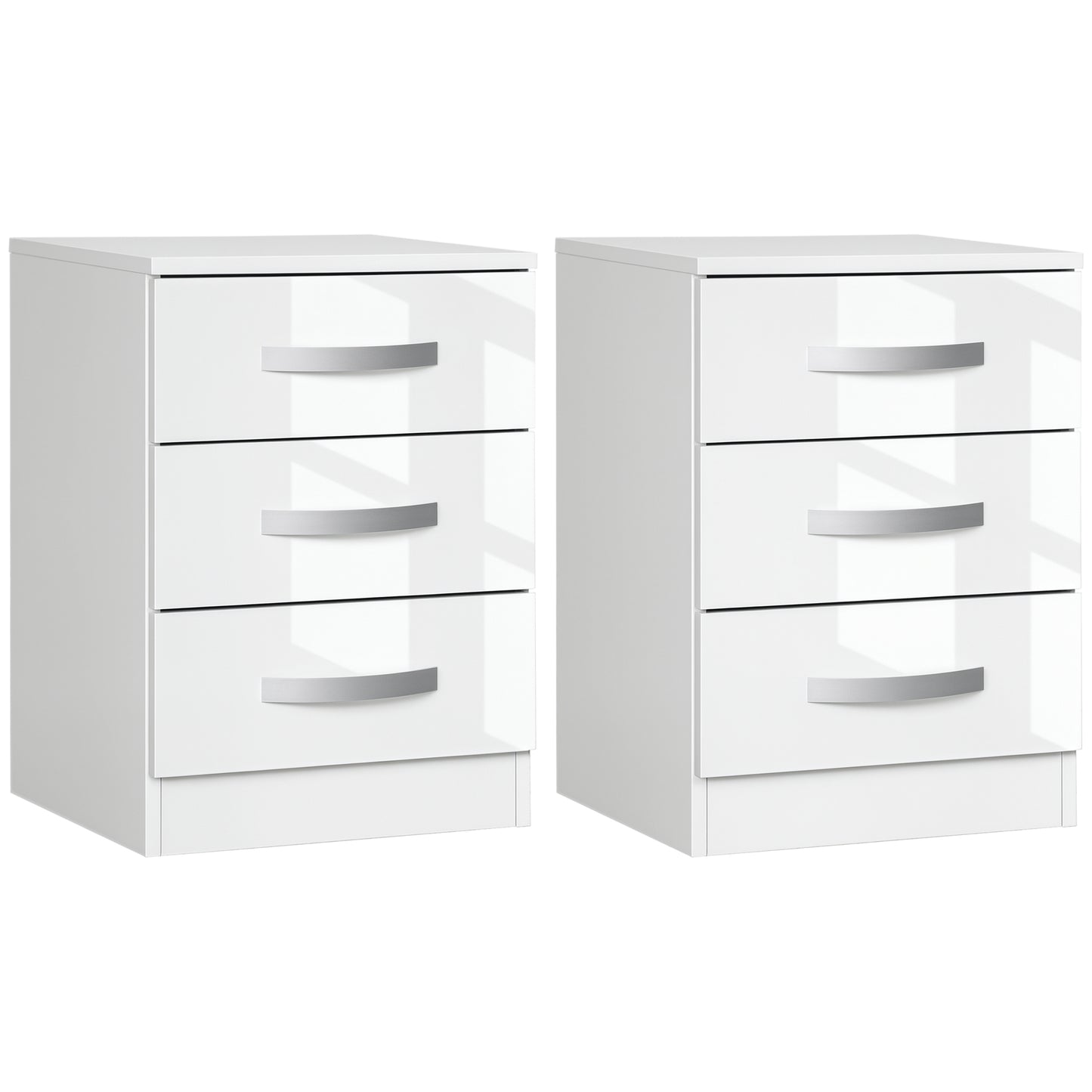 HOMCOM Modern Nightstand Set of 2, Bedside Tables with 3 High Gloss Drawers for Bedroom, White
