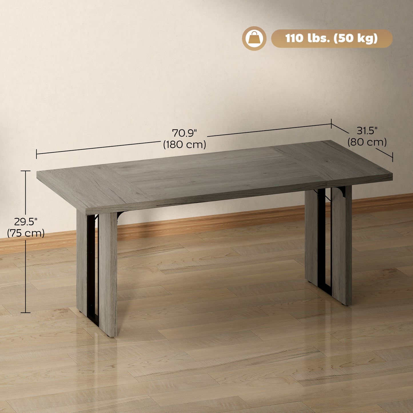 HOMCOM Industrial Kitchen Table for 8, 71" Rectangular Dining Table with Thick Tabletop for Dining Room, Grey Wood Finish