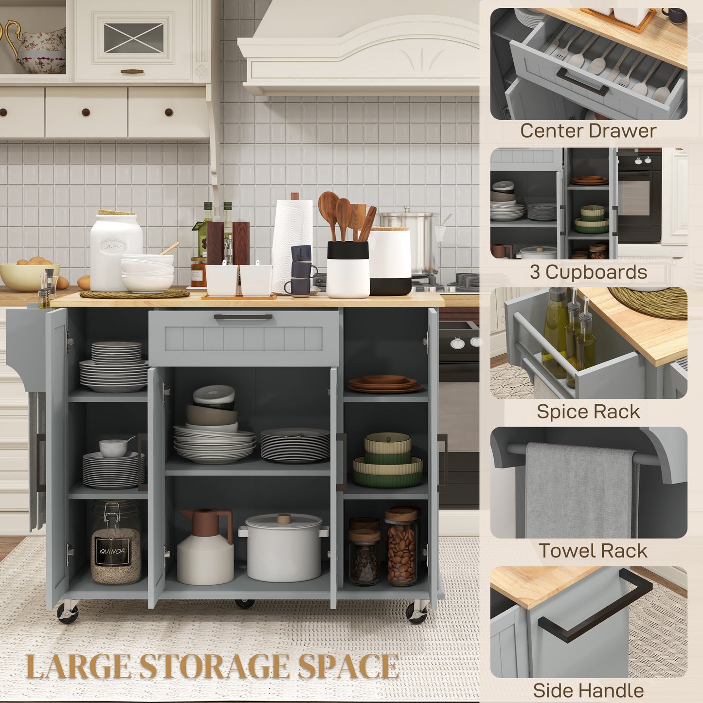 HOMCOM Modern Rolling Kitchen Island Cart with Drawers, Natural Wood Top, Towel Rack, Door Storage Cabinet, White
