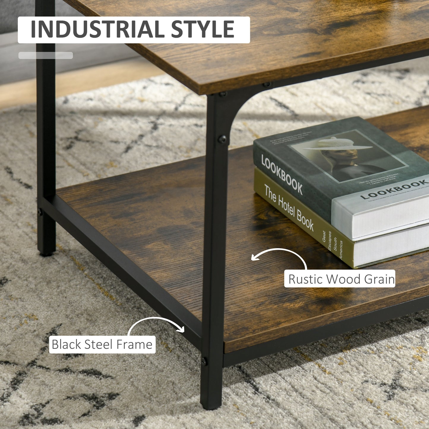 HOMCOM Industrial Coffee Table with Storage Shelf, 2-tier Center Table for Living Room, Rustic Brown