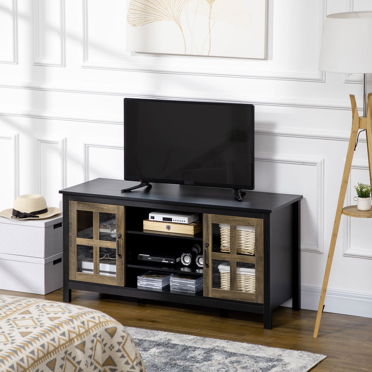 HOMCOM TV Stand for TVs up to 55 Inches, TV Cabinet with Adjustable Shelves and Cable Holes, TV Bench for Living Room, White