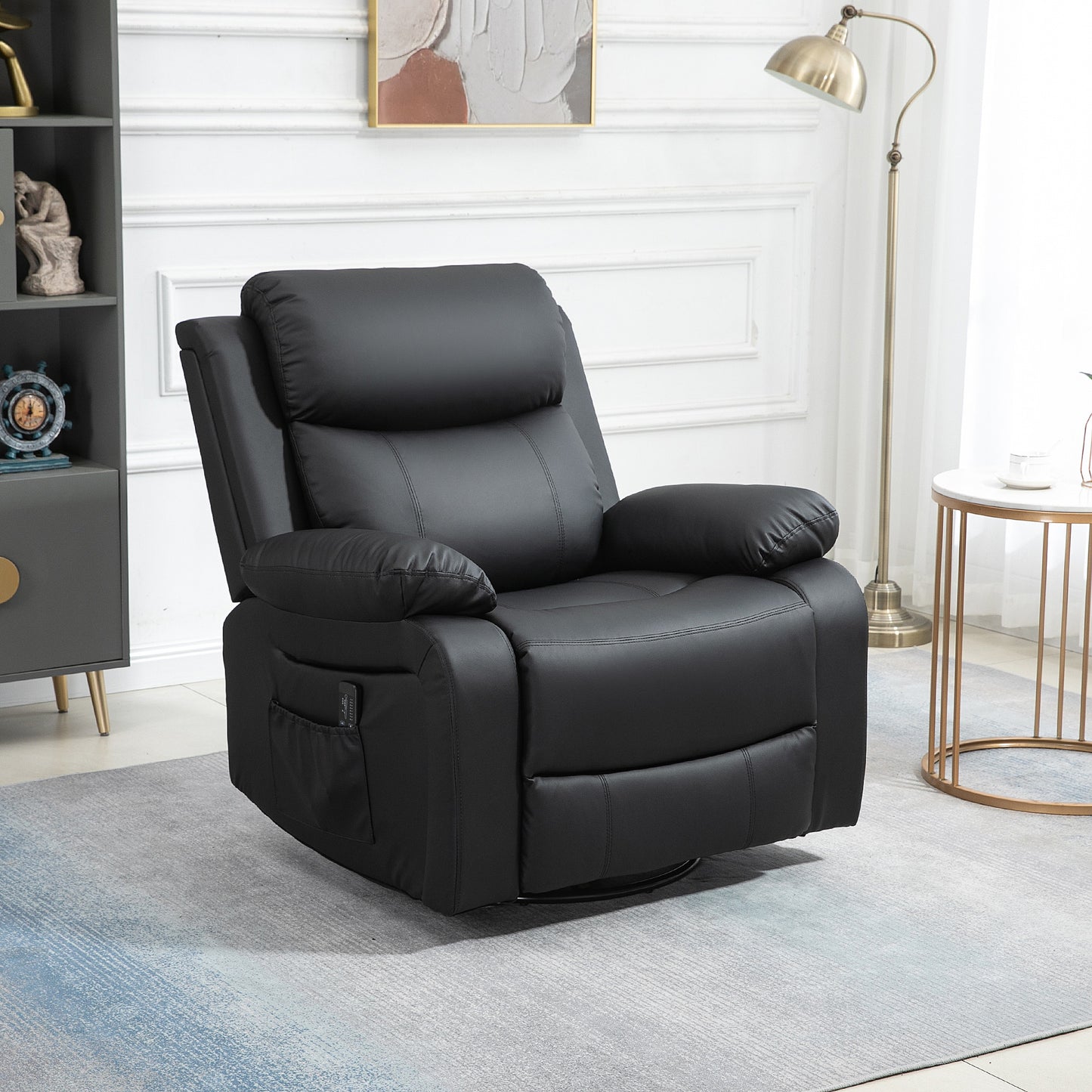 HOMCOM PU Leather Reclining Chair with Vibration Massage Recliner, Swivel Base, Rocking Function, Remote Control, Black