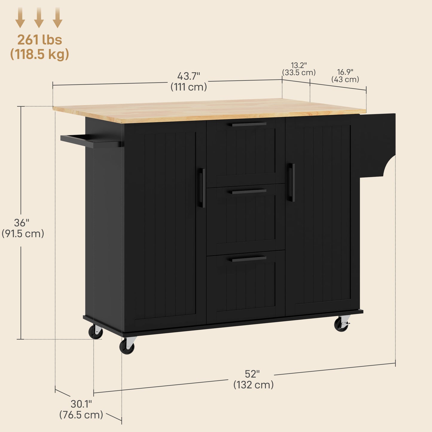 HOMCOM Rolling Kitchen Cart on Wheels with Drop Leaf, Kitchen Island with 3 Drawers, Solid Wood Top and Towel Rack, White