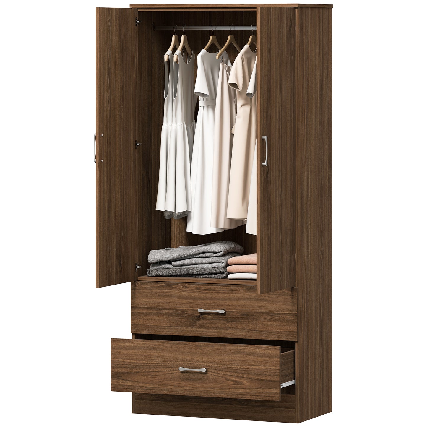 HOMCOM Wardrobe Closet Armoire with Hanging Rod and 2 Doors, Clothes Storage Organizer with 2 Drawers for Bedroom, Oak