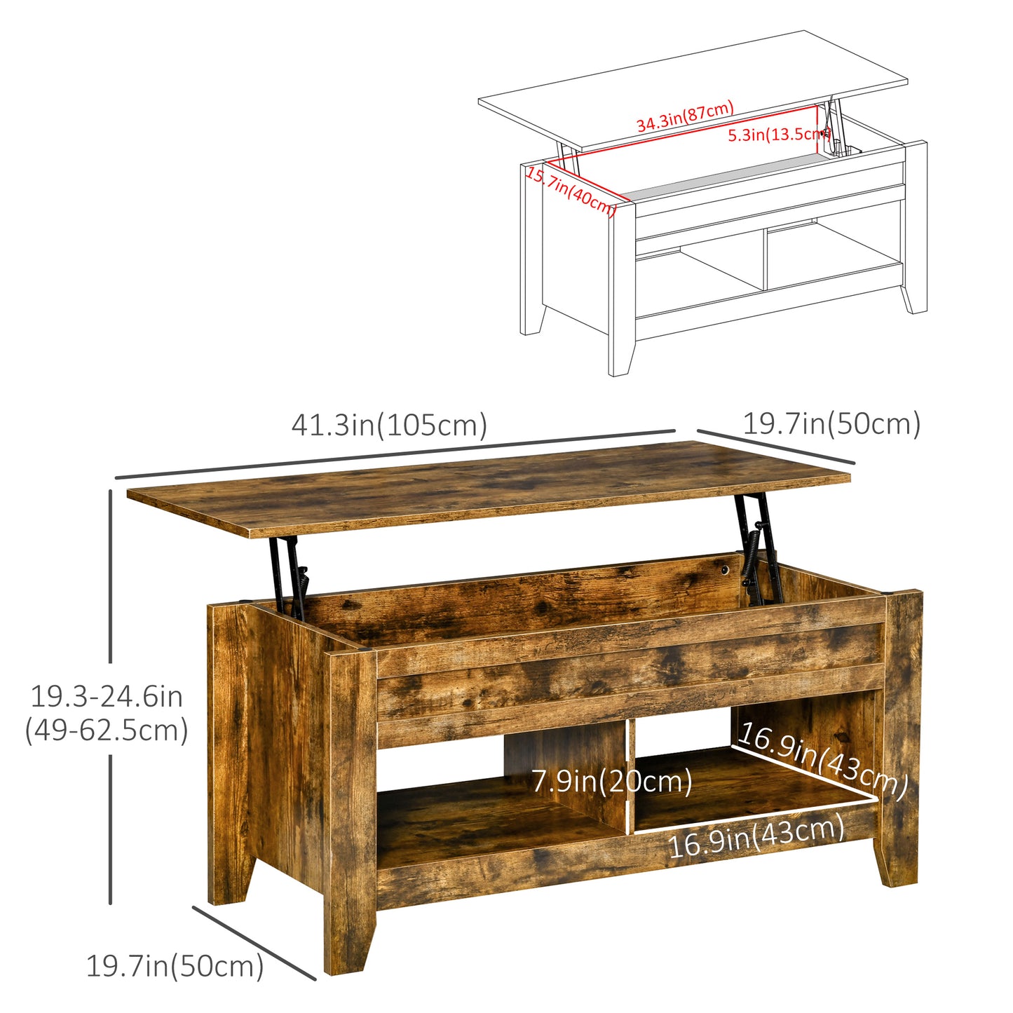HOMCOM Lift Top Coffee Table with Hidden Storage Compartment and Open Shelves, Lift Tabletop Pop-Up Center Table for Living Room, White
