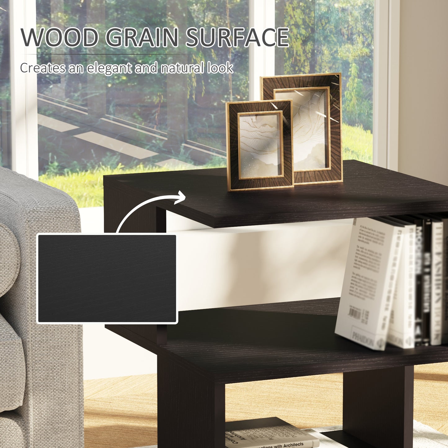 HOMCOM Modern Square 3 Tier Wood Coffee Side Table Storage Shelf Rack End Table Home Office Living Room Small Desk Black