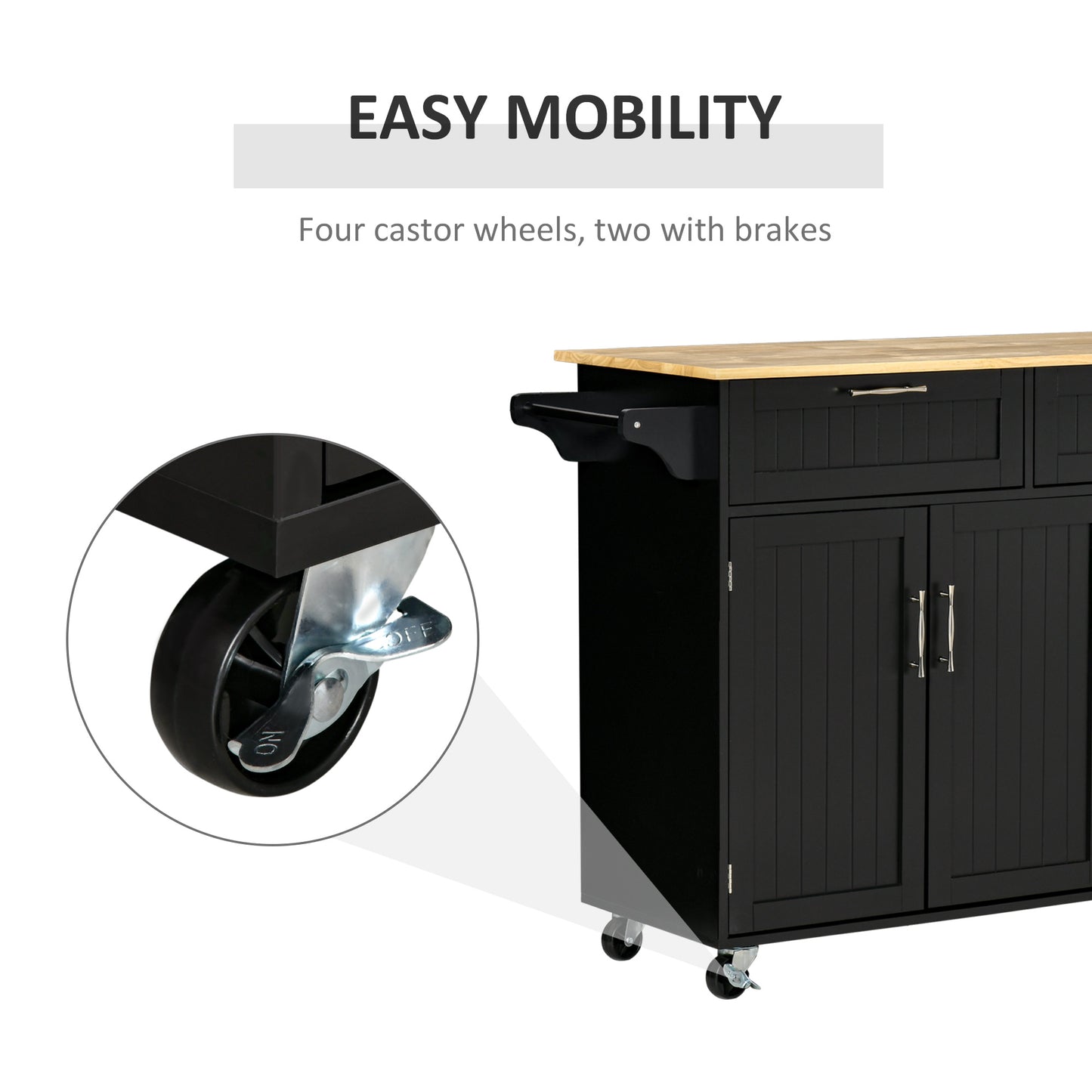 HOMCOM Modern Kitchen Island, Utility Kitchen Serving Cart with 2 Storage Drawers & Cabinets for Dining Room, Black