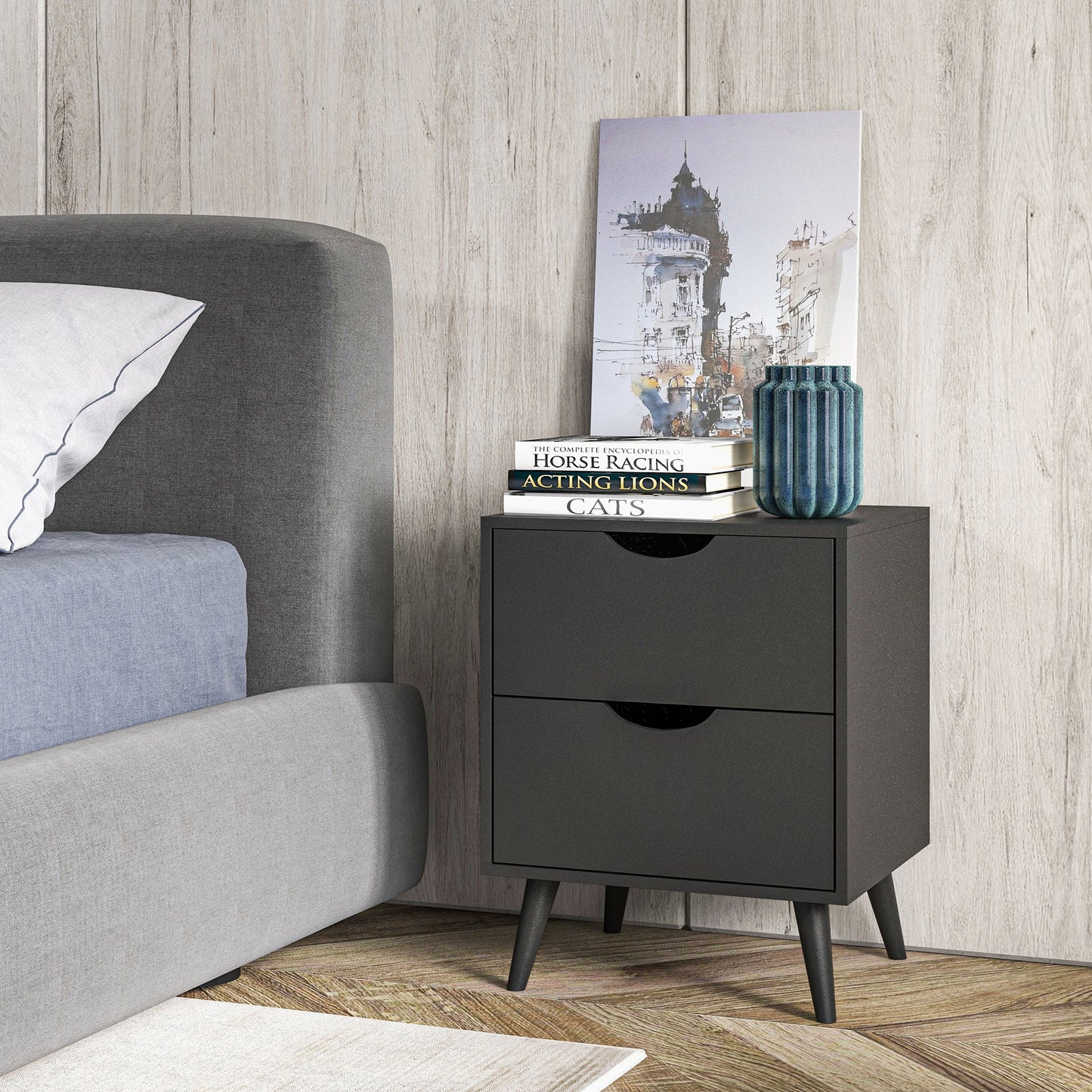 HOMCOM Modern Bedside Table, Nightstand with 2 Drawers and Pine Wood Legs for Bedroom, Living Room, Black