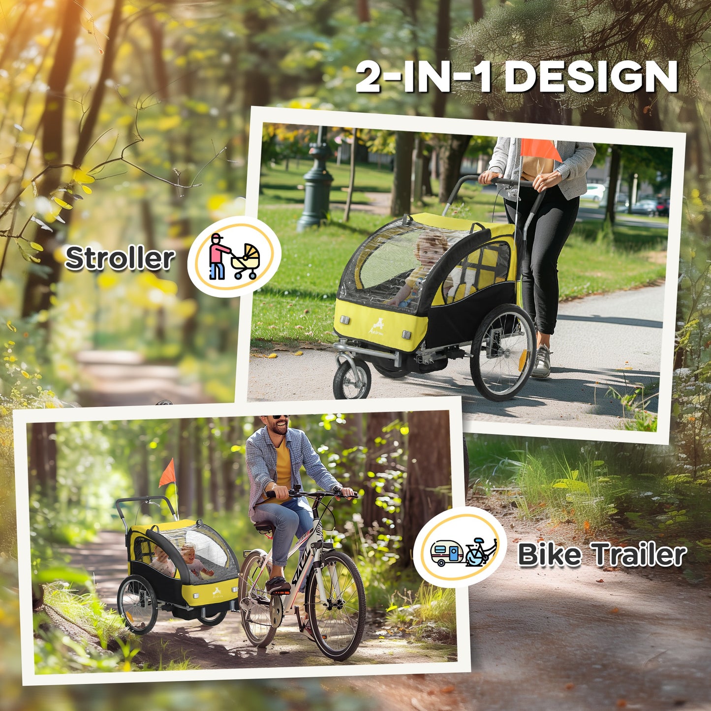 Aosom 2-in-1 Bike Trailer for Kids, Foldable 2-Seat Baby Stroller with 5-Point Harness, Rubber Wheels, Storage Bag, Black