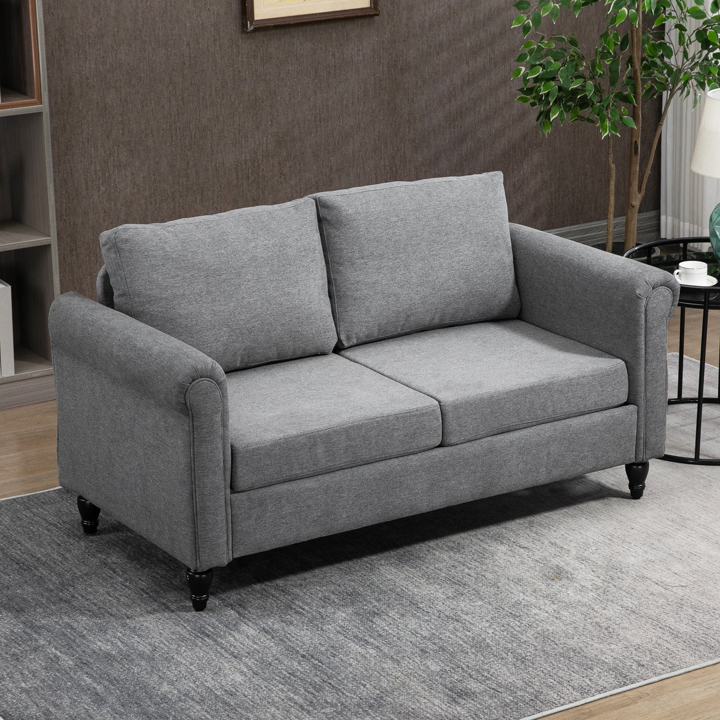 HOMCOM Vintage Loveseat, Upholstered Love Seat Furniture, Chenille-feel Fabric 2 Seater Sofa Couch with Rolled Arms, Gourd-Shaped Rubber Wood Legs for Living Room, Dark Grey