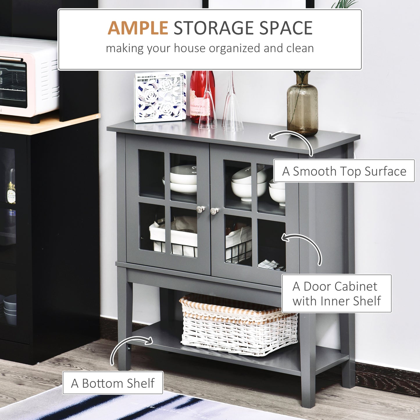 HOMCOM Modern Sideboard Buffet Cabinet Wood Console Table with Glass Doors Kitchen Dining Room Furniture White