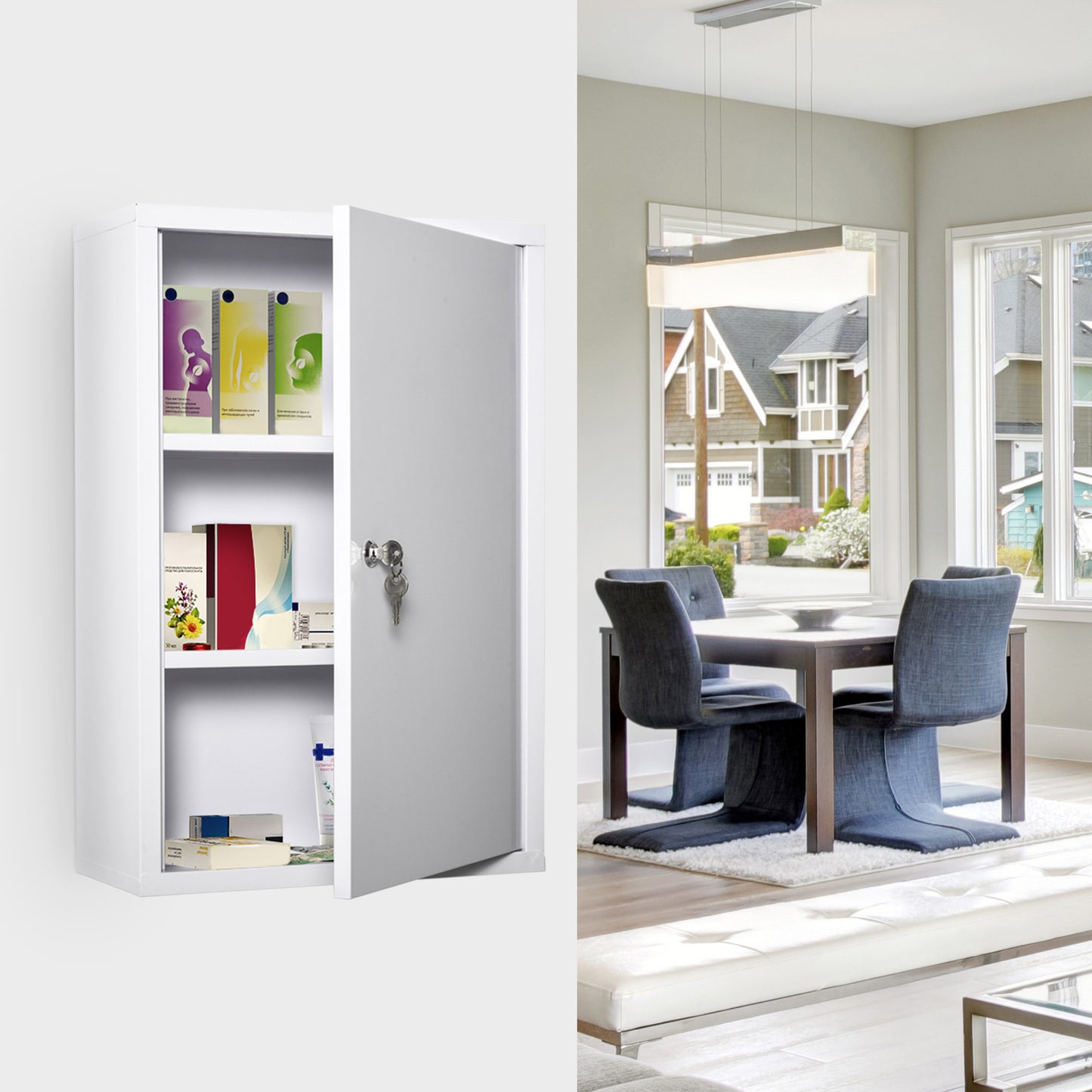 kleankin Wall Mount Medicine Cabinet 3 Tier Steel Emergency Box for Bathroom, Lockable with 2 Keys, White