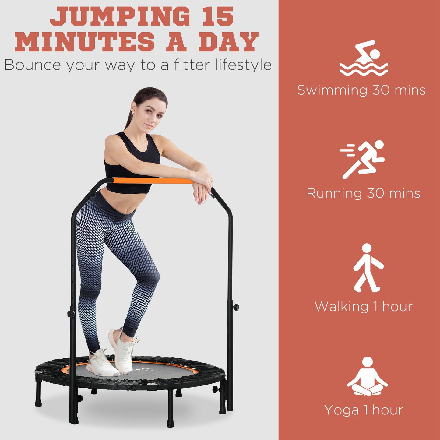 Soozier 40" Foldable Mini Fitness Trampoline, with Adjustable Foam Handle, Orange
