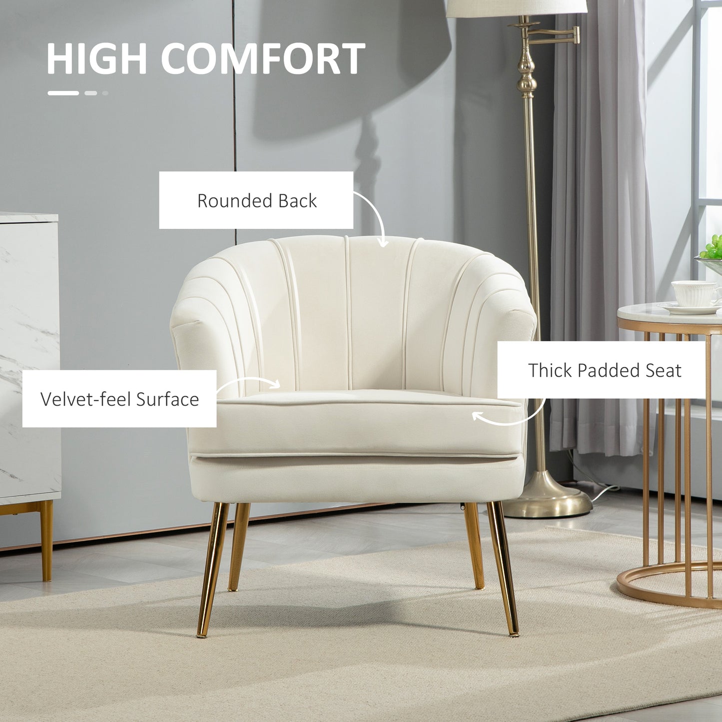 HOMCOM Fabric Armchair, Modern Accent Chair with Gold Metal Legs for Living Room, Bedroom, Home Office, Grey