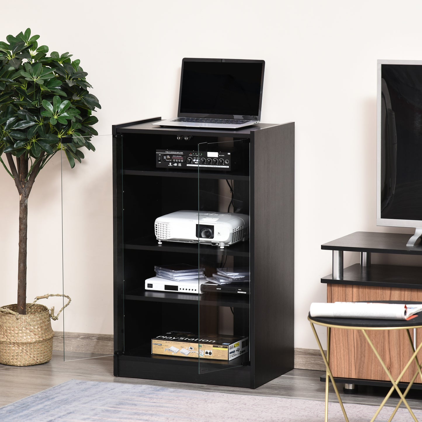 HOMCOM 5-Tier AV Media Stand with Push to Open Glass Doors, Audio-Video Storage Cabinet with Adjustable Shelves for DVD Players, Games Consoles, Routers, Distressed Black