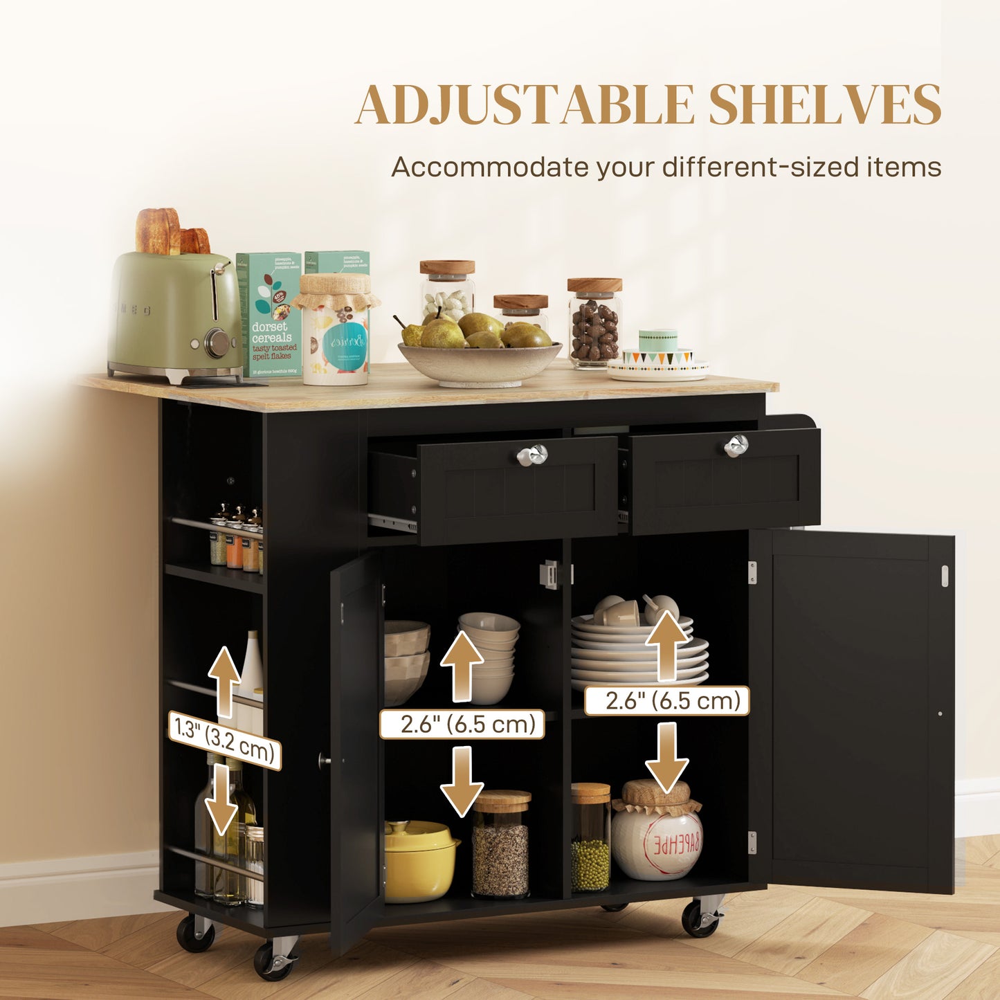 HOMCOM Kitchen Island with Power Outlet and Drop Leaf, Rolling Kitchen Cart with 2 Drawers and Adjustable Shelves, White