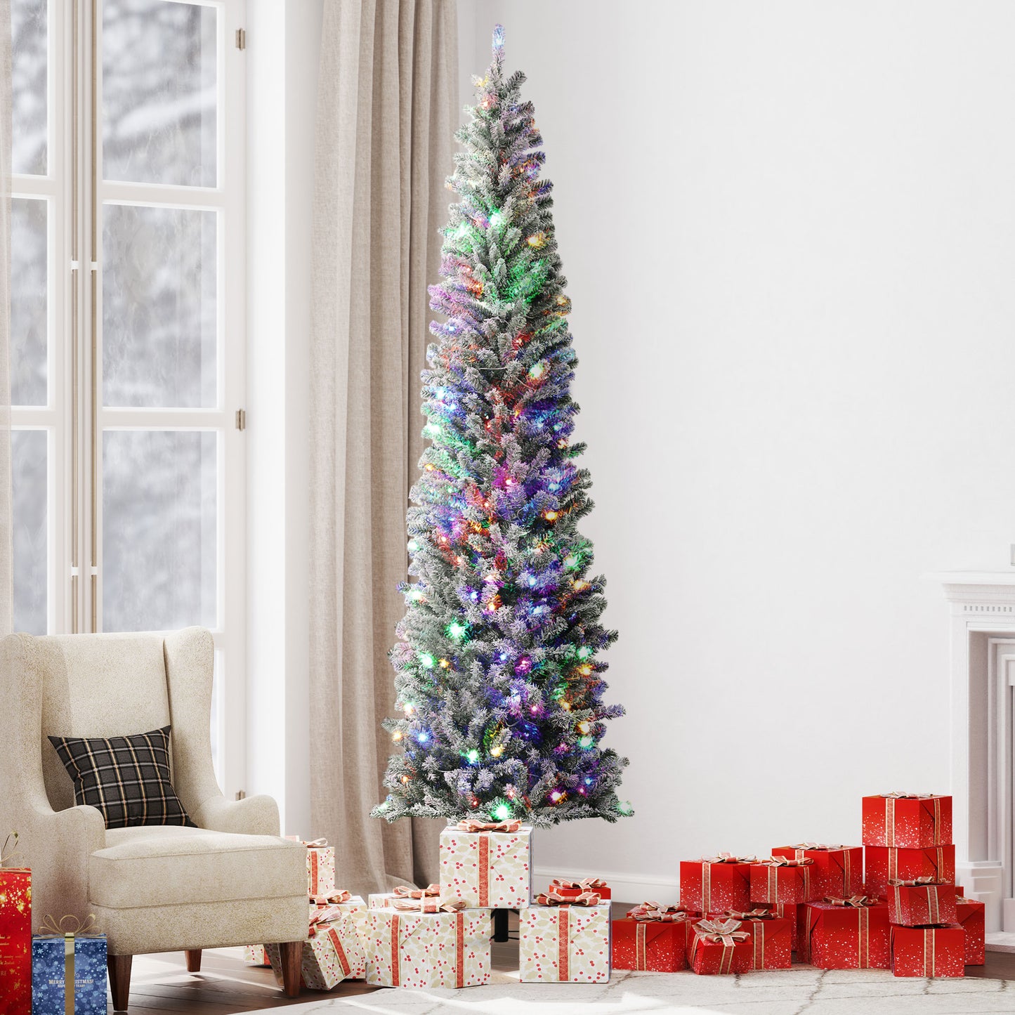 HOMCOM 9ft Prelit Pencil Artificial Christmas Tree, Flocked Xmas Tree with Remote, Dual Colour LEDs, 895 Tips, Metal Stand