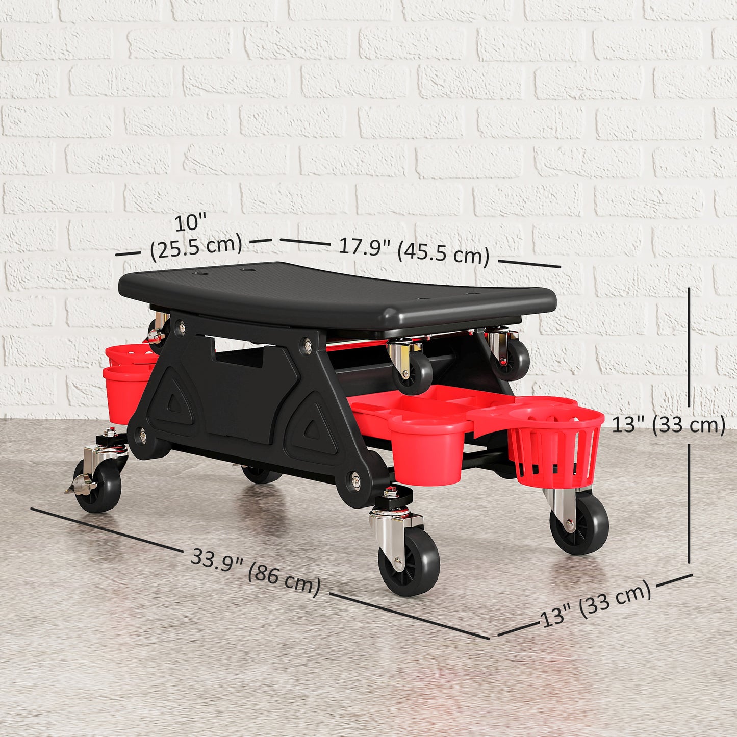 HOMCOM Rolling Garage Stool, 300 LBS Capacity Padded Mechanic Stool with 2.5" Wheels, Adjustable Height 15" -19.7", Red