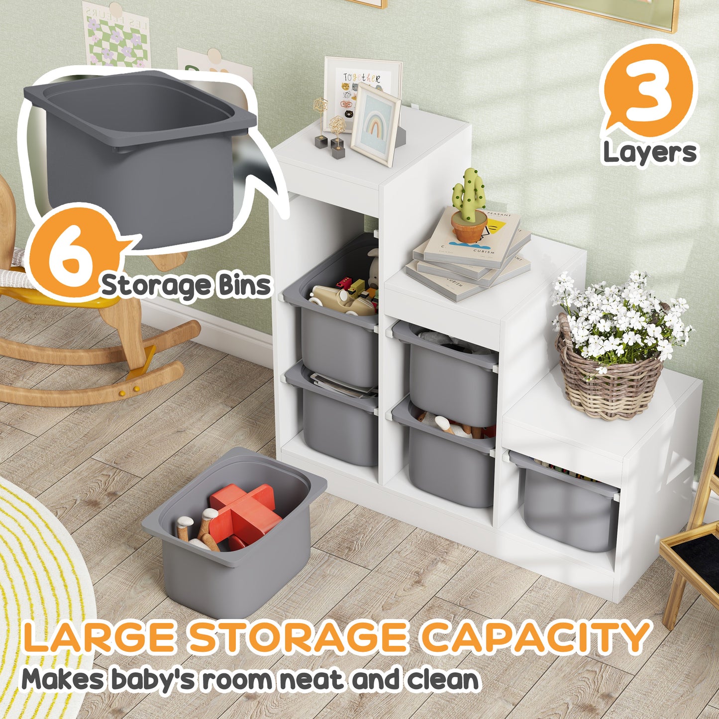 Qaba 3 Layers Toy Storage Organizer Kids Bookshelf Children Toy Storage w/ 6 Plastic Bins, White