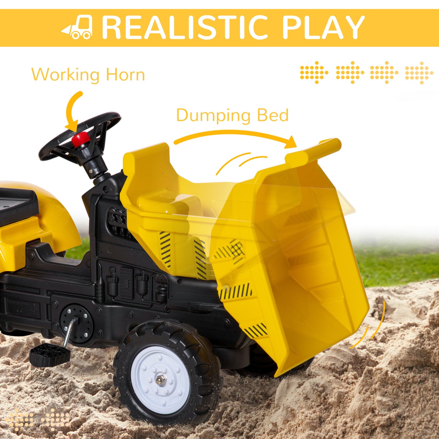 Aosom Ride on Toy Dump Truck for Kids, Pedal Construction Car with Detachable Trailer for 3 Year Old, Yellow