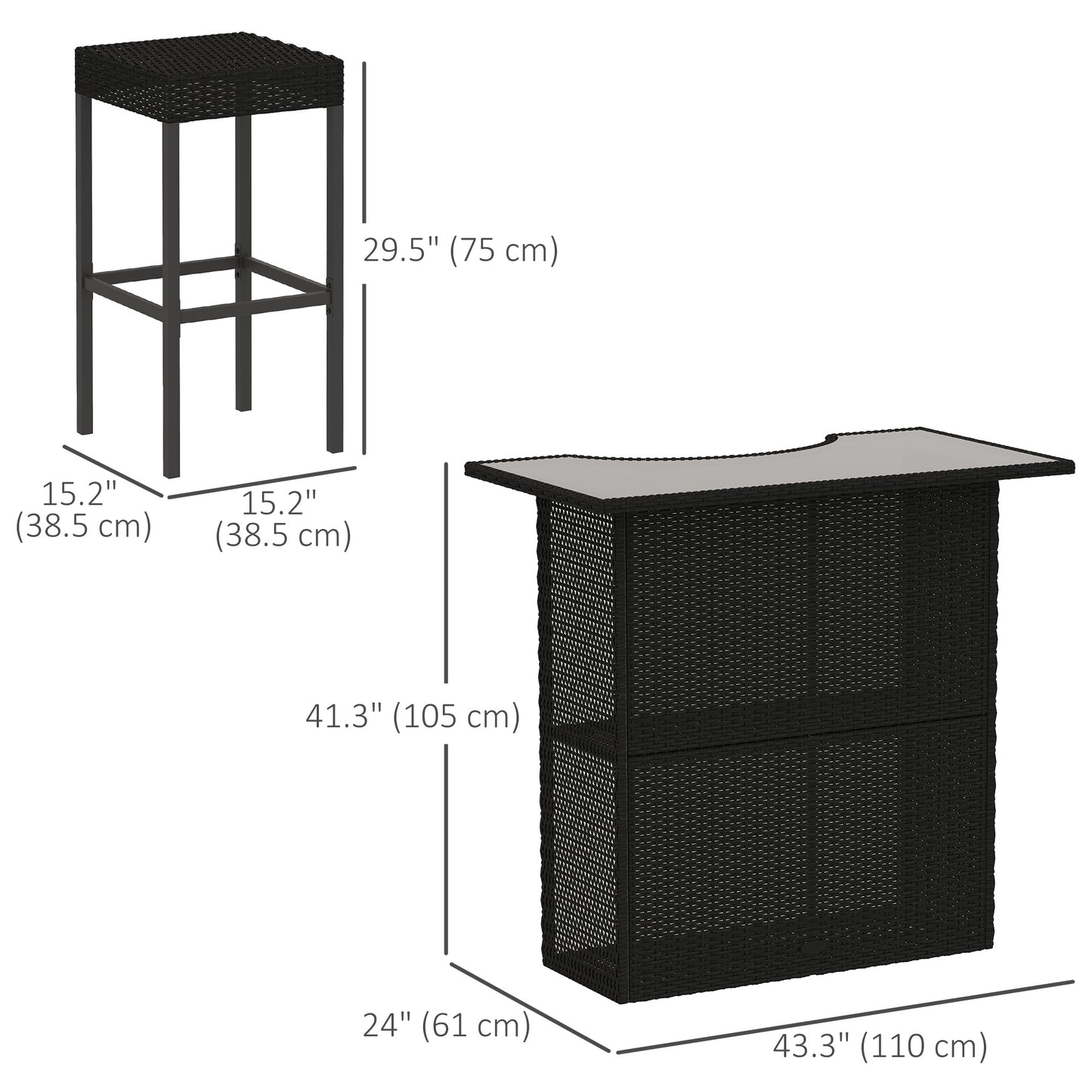 Outsunny 5 Pieces Patio Bar Set, Outdoor PE Rattan Wicker High Top Outdoor Table and Chairs Outdoor Bar Set with Tempered Glass Top Bar Table and Shelves, 4 Bar Chairs, Dark Brown
