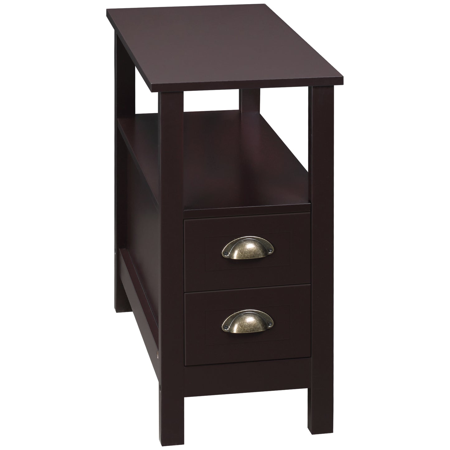HOMCOM Slim End Table with 2 Drawers and Storage Shelf, Sofa Side Table for Living Room, Narrow Nightstand, White