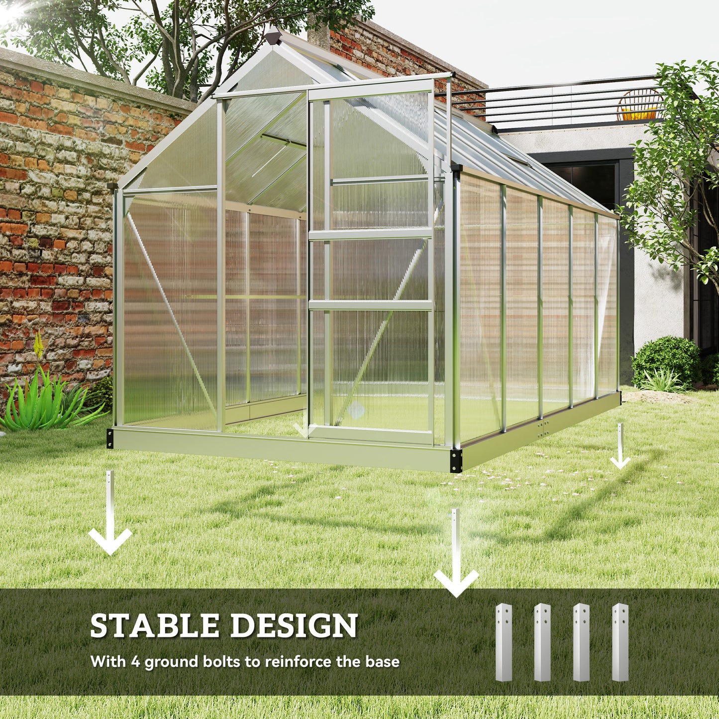 Outsunny 6' x 10' x 6.6' Polycarbonate Greenhouse, Walk-In Green House Kit Garden, Plants Grow, Galvanized Sheet Aluminum Frame with Rain Gutter, Vents and Sliding Door, Green