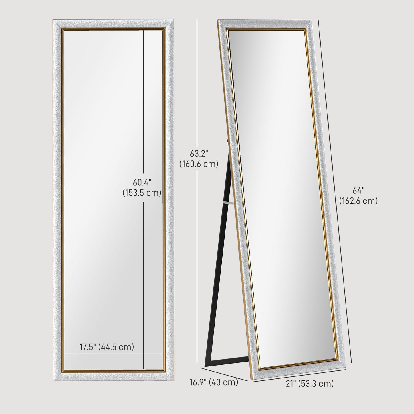 HOMCOM Floor Standing Mirror, Full Body Mirror, Free Standing, Leaning or Wall Mirror with Frame for Bedroom, Grey