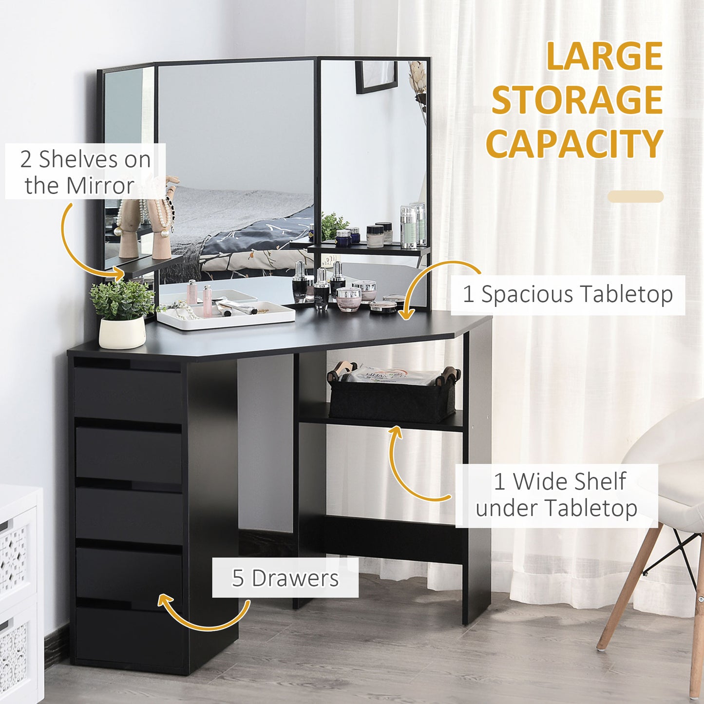 HOMCOM Corner Vanity Desk with Mirror, Makeup Vanity Table with 5 Drawers and Open Shelves, Dressing Table with 3-piece Mirror for Bedroom, Black