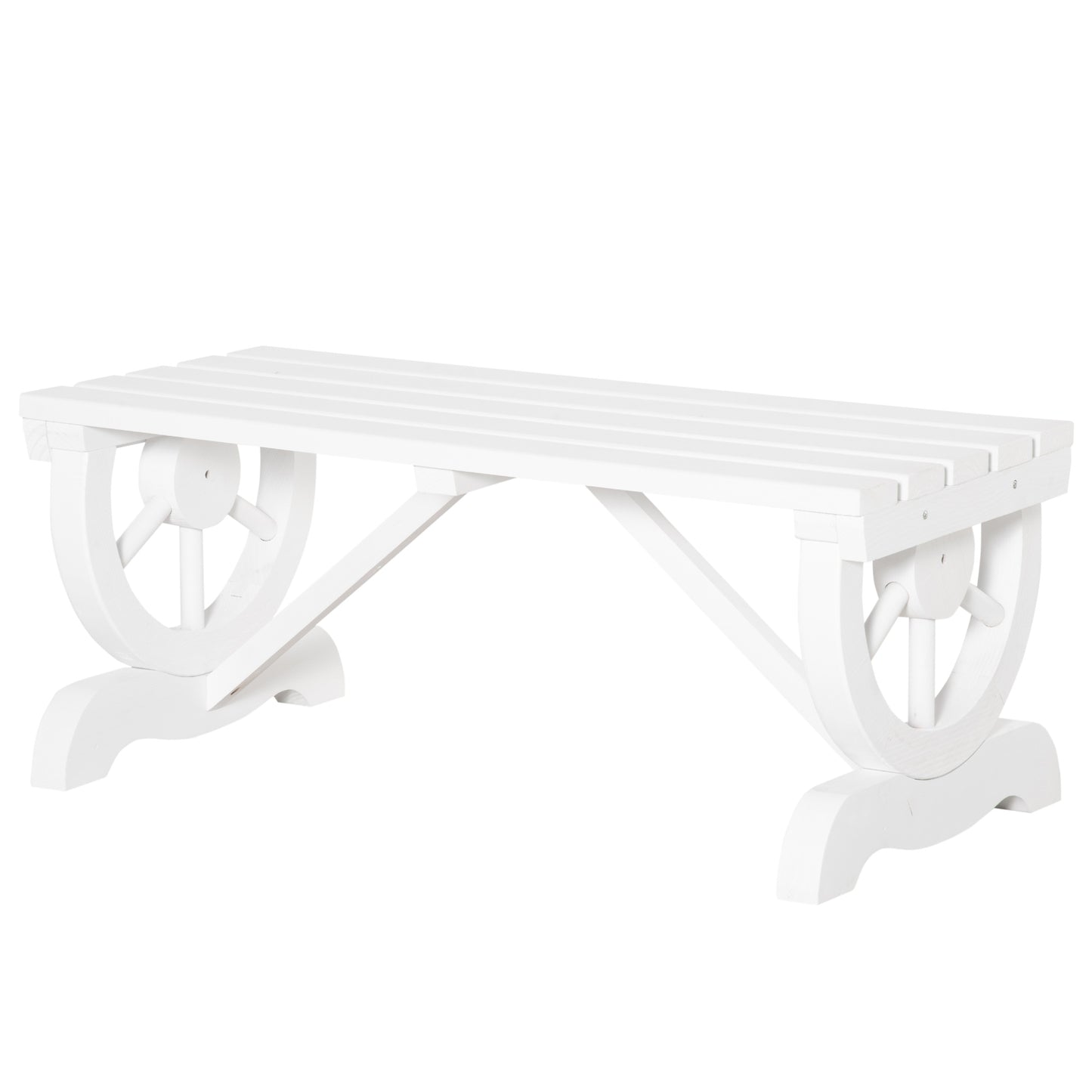 Outsunny Rustic Wood Wheel Outdoor Garden Bench for 2-Person with a Unique Wheel Design on the Legs & Strong Build, White