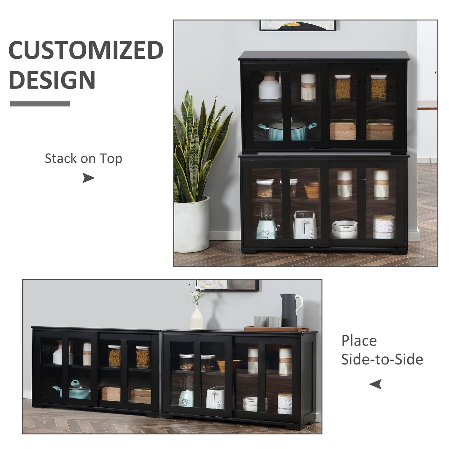 HOMCOM Kitchen Sideboard, Stackable Storage Cabinet, Sliding Glass Door Console, Serving Buffet for Kitchen & Dining Room
