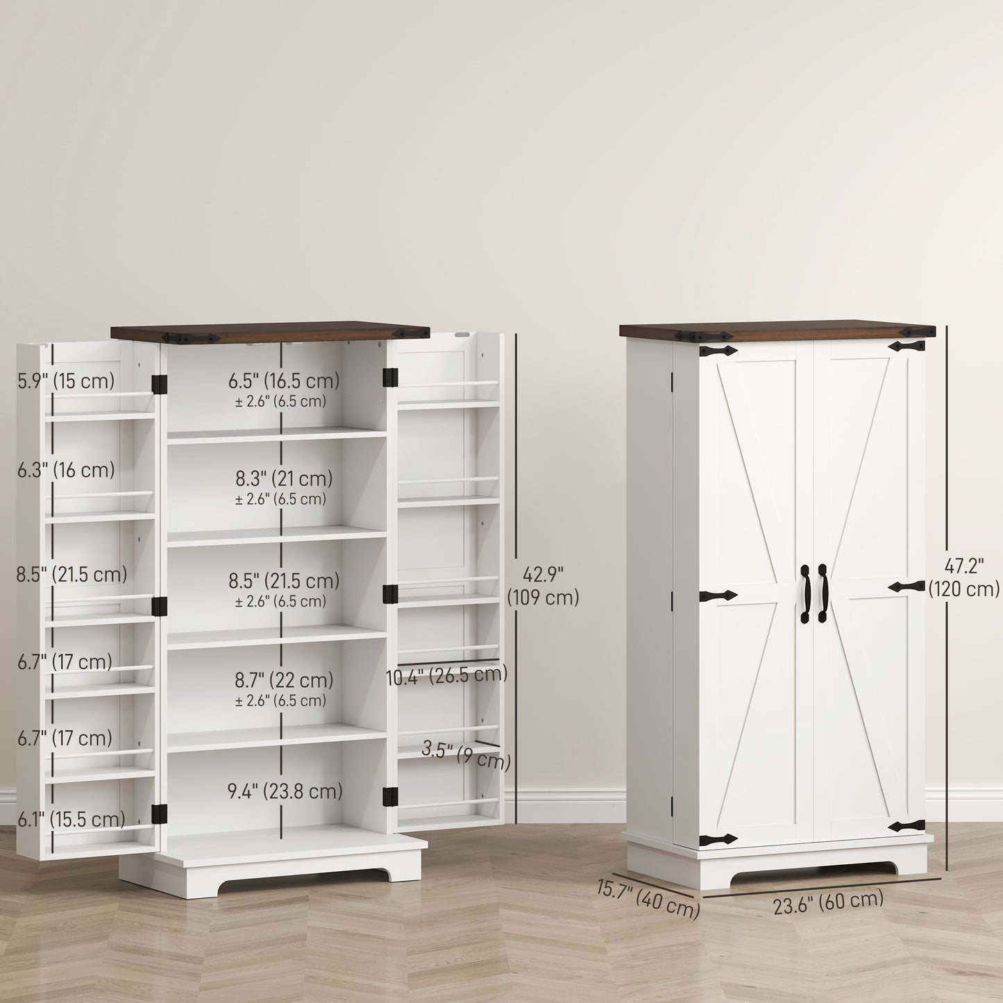 HOMCOM Farmhouse Kitchen Pantry Storage Cabinet, Kitchen Pantry Cabinet with Doors and Adjustable Shelves, White