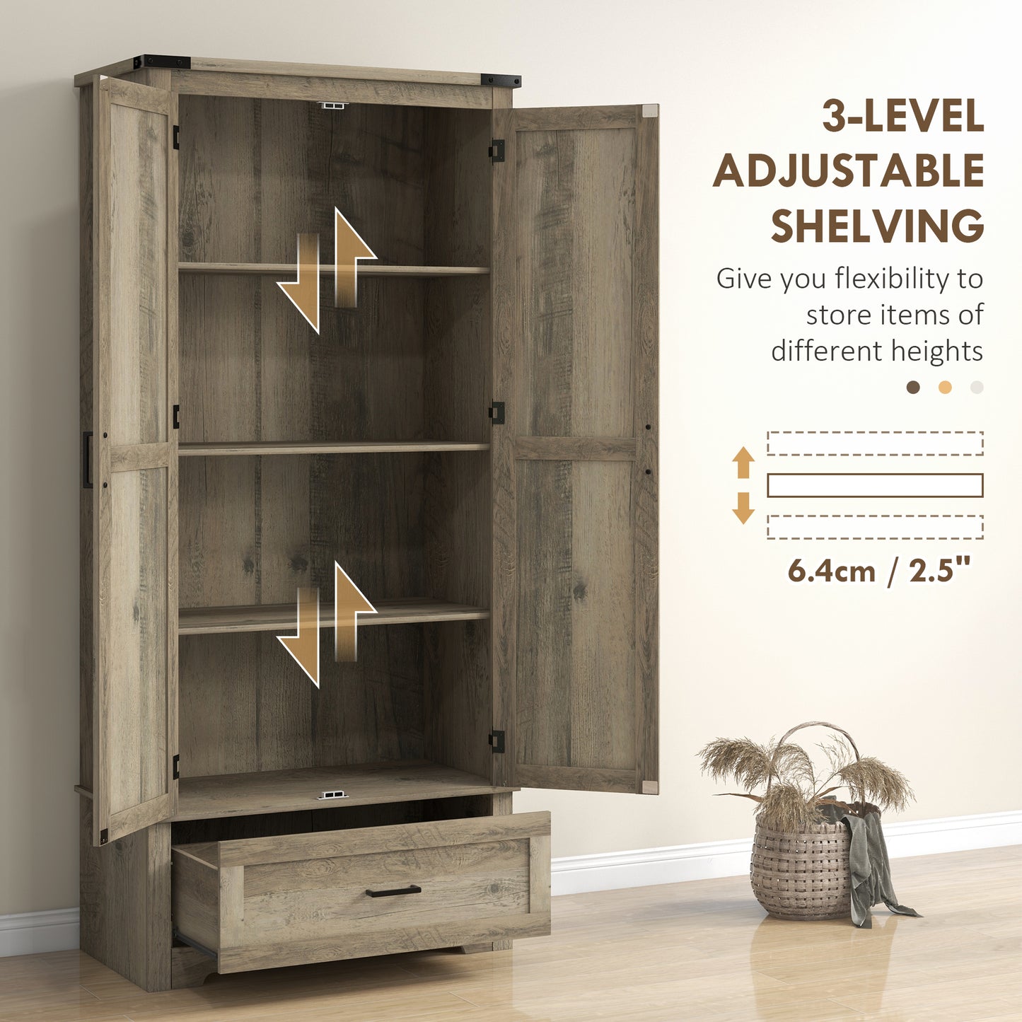 HOMCOM 69" Tall Farmhouse Kitchen Pantry Cabinet with 2 Doors, Drawer and Adjustable Shelves, Black Wood Grain