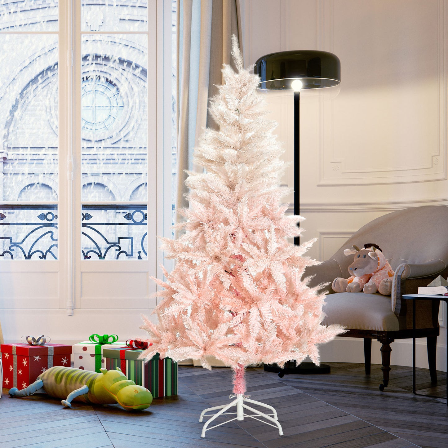 HOMCOM 6ft Artificial Christmas Tree Home Decoration Automatic Open White and Pink