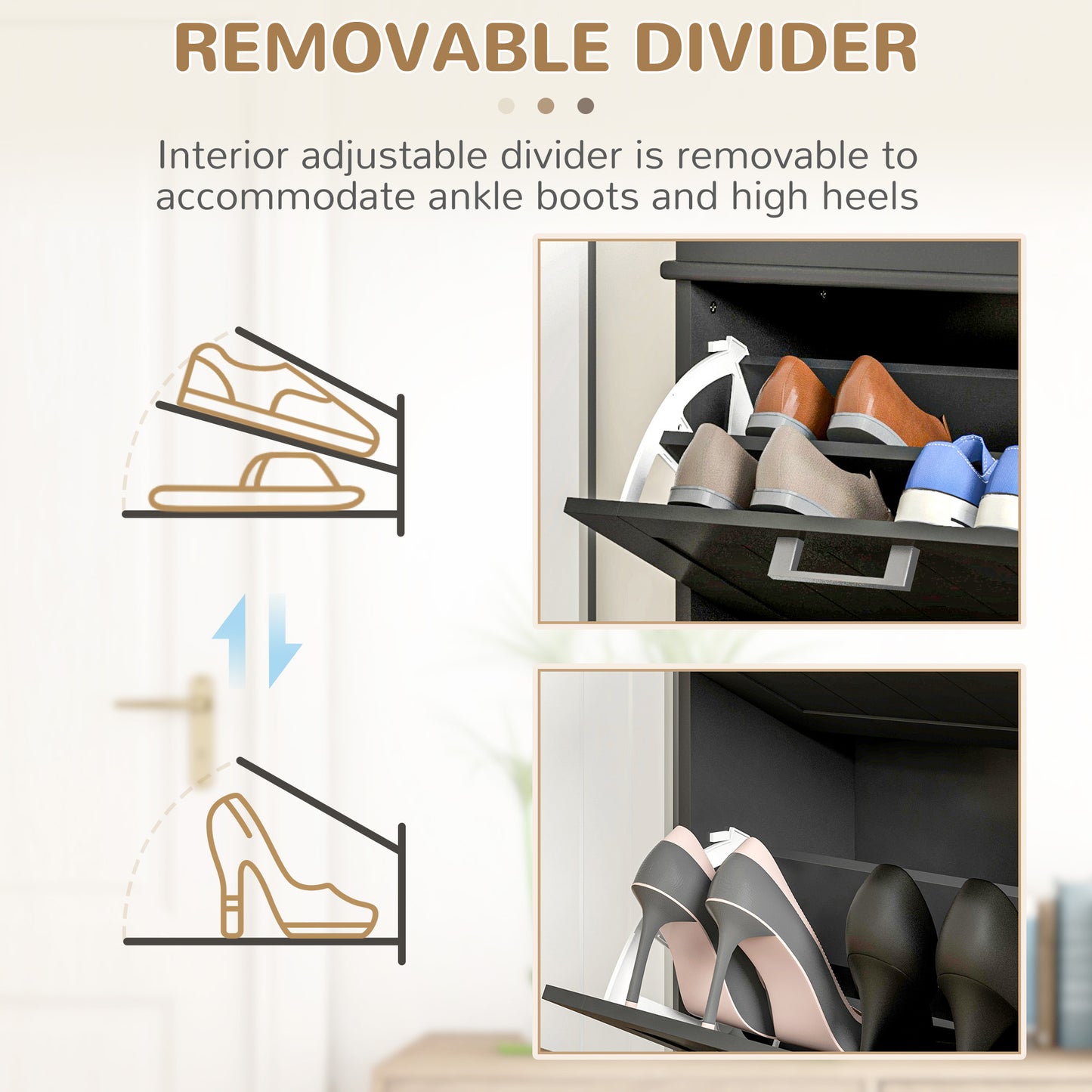 HOMCOM Shoe Storage Cabinet with 2 Flip Drawers and Adjustable Shelves, Narrow Shoe Cabinet for 10 Pairs of Shoes, Black