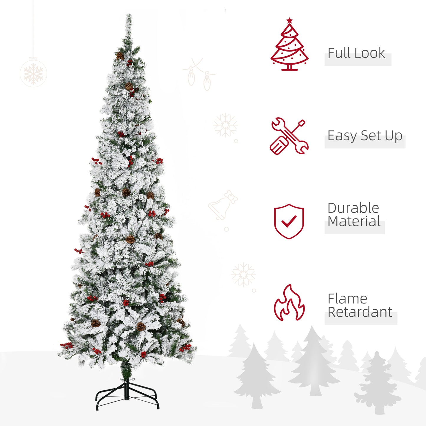HOMCOM 9-foot Pencil Snow Flocked Artificial Christmas Tree with 1350 Pine Realistic Branches, Pine Cones, Red Berries, Auto Open, Green