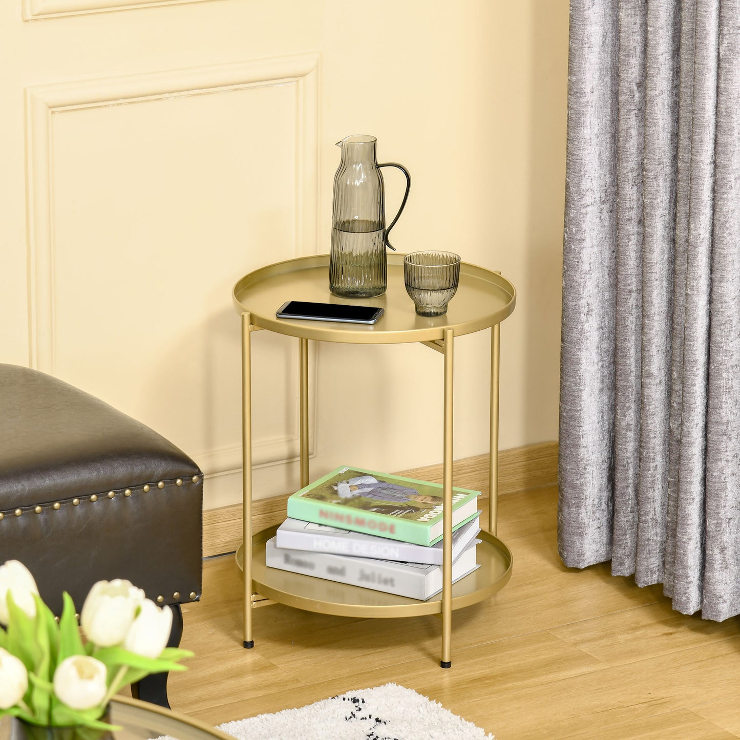 HOMCOM 2-Tier Gold Side Table, Round Nightstand with Removable Trays Folding Metal Frame Adjustable Foot End Table for Living Room Bedroom