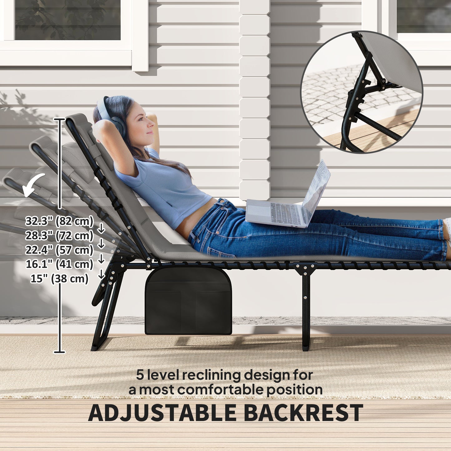 Outsunny Folding Chaise Lounge Chair Set of 2, Reclining Outdoor Lounge Chair Set with Quick Drying Pad Headrest Side Pocket, Tanning Chair Set for Beach Garden Pool, Light Grey