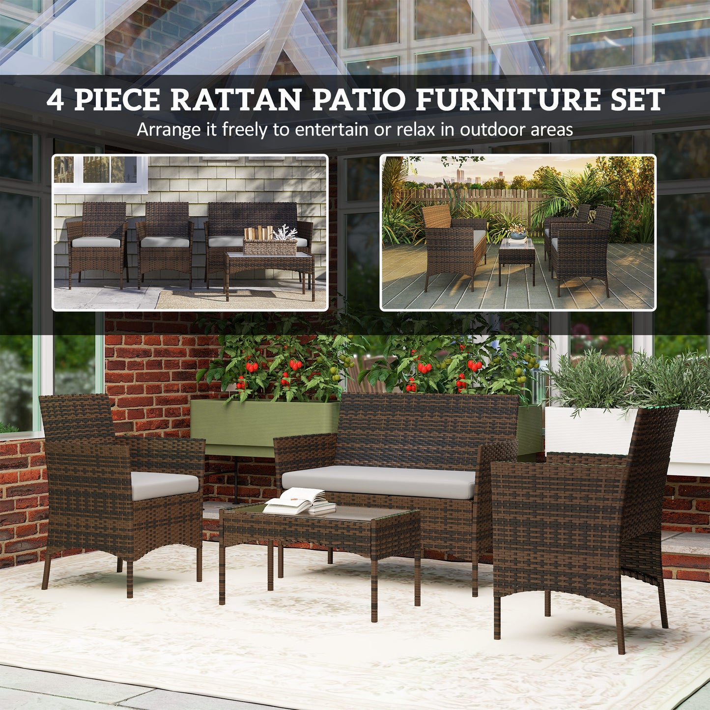 Outsunny 4 Pieces Wicker Outdoor Balcony Furniture Set Rattan Patio Furniture Set with Loveseat Chairs Glass Coffee Table Beige