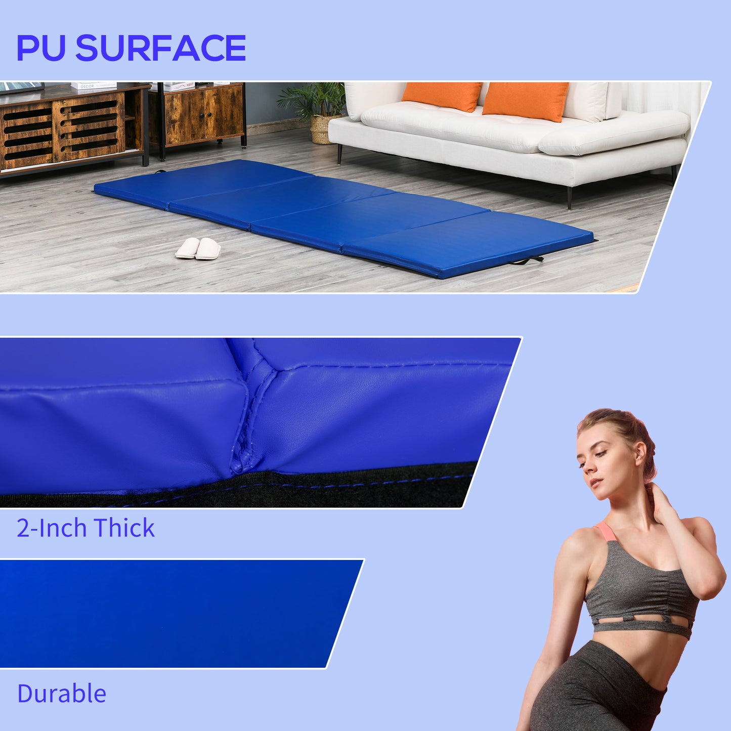 Soozier 4'x10'x2'' Folding Gymnastics Tumbling Mat, Exercise Mat with Carrying Handles for Yoga, MMA, Martial Arts, Stretching, Core Workouts, Dark Blue