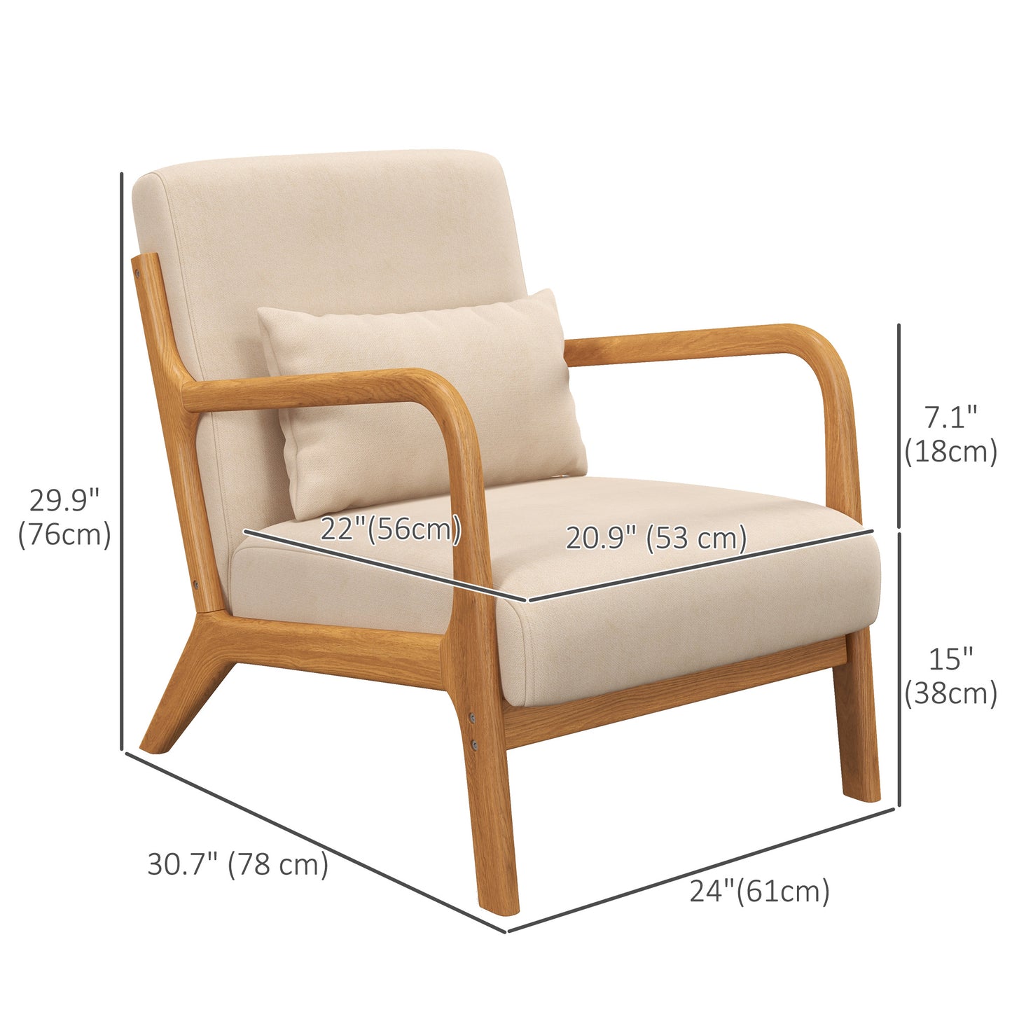 HOMCOM Armchair Upholstered Lounge Chair with Rubber Wood Frame Throw Pillows and Comfortable Cushion, White