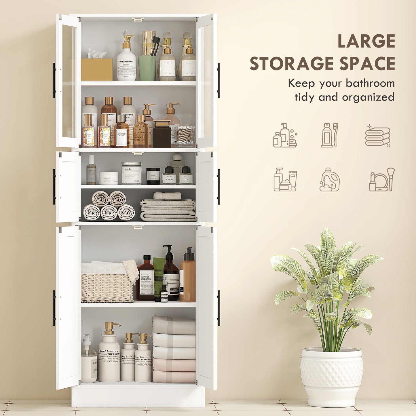 HOMCOM 67" Tall Bathroom Storage Cabinet, Modern Freestanding Bathroom Cabinet with Glass Doors and Adjustable Shelves, White