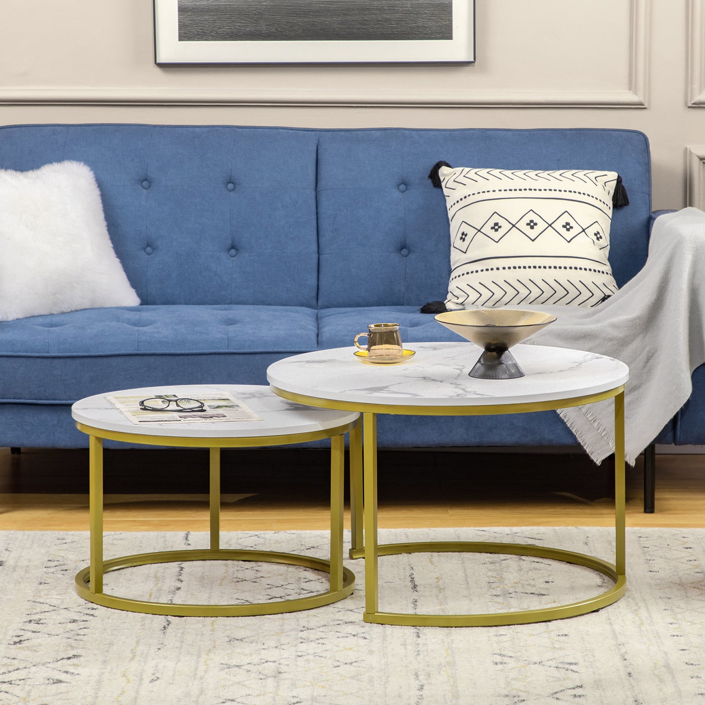 HOMCOM Nesting Tables, 29" Round Coffee Table Set of 2, Modern Side Tables for Living Room with Metal Base, Faux Marbled White