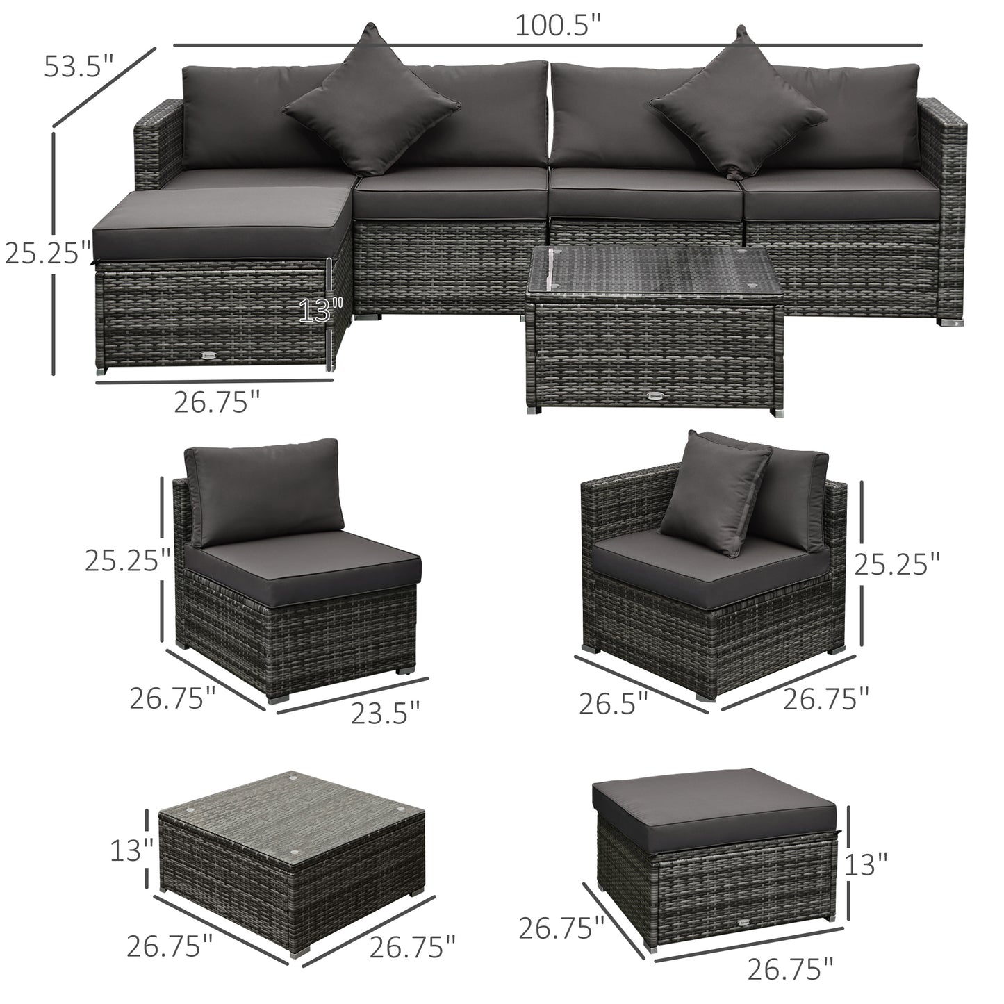 Outsunny 6 Pieces Outdoor PE Rattan Wicker Patio Furniture Sofa Set with Thick Cushions, Deluxe Garden Sectional Couch with Glass Top Table, Dark Coffee and Cream White