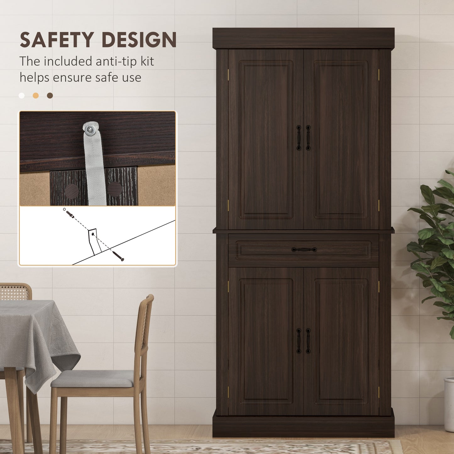 HOMCOM 71" Freestanding Kitchen Pantry with 4 Doors and 2 Cabinets, Tall Storage Cabinet for Kitchen, Distressed Coffee