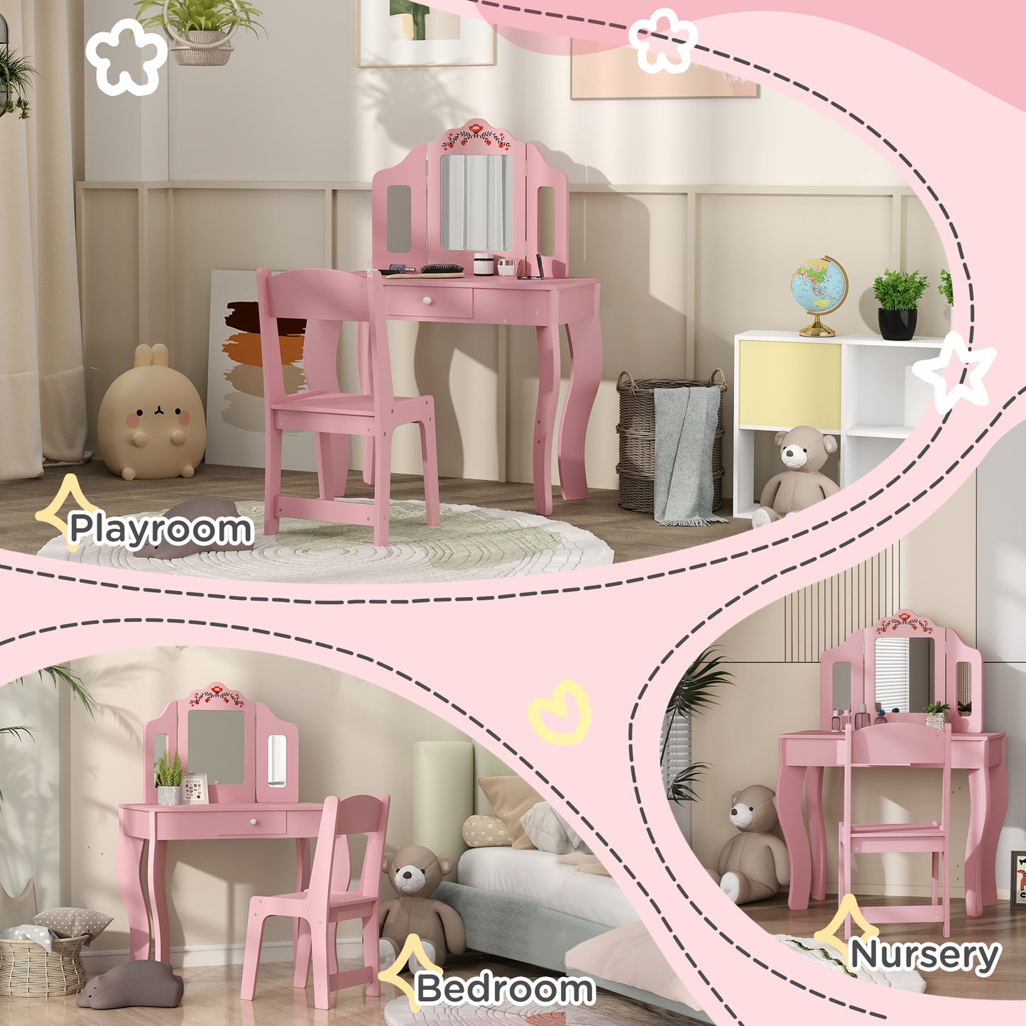 Qaba Kids Vanity Set, Dual-Use Dressing Table with Removable Tri-Folding Mirror and Drawer, for Ages 3-8, Pink